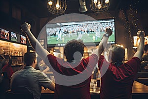 Rear view of football fans cheering with arms raised at bar counter, rear view Friends Watching Game In Sports Bar On Screens
