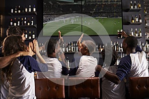 Rear View Of Friends Watching Game In Sports Bar Celebrating