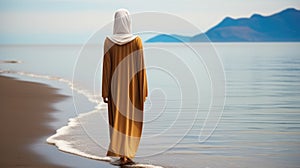 Rear view, Girl model in long dress walking on the beach, Minimalism