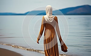 Rear view, Girl model in long dress walking on the beach, Minimalism