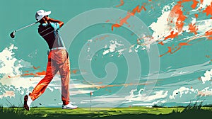 Rear view of golf player in action doing powerful swing. Surreal art style. Painted splashes of artwork.