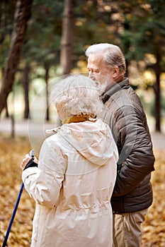 Rear view on gray haired couple engaged in nordic walking in autumn forest or park