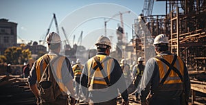 Rear view of a group of construction workers wearing hard hats on an outdoor construction site with construction cranes in the