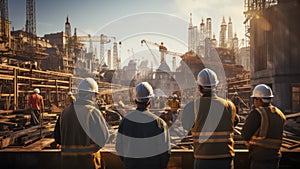 Rear view of a group of construction workers wearing hard hats on an outdoor construction site with construction cranes in the