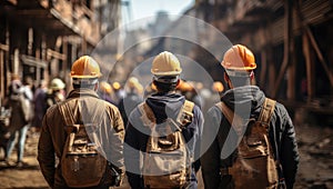 Rear view of a group of construction workers wearing hard hats on an outdoor construction site with construction cranes in the