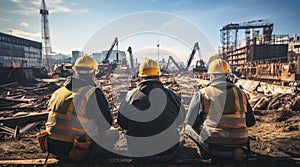 Rear view of a group of construction workers wearing hard hats on an outdoor construction site with construction cranes in the