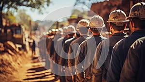 Rear view of a group of construction workers wearing hard hats on an outdoor construction site with construction cranes in the
