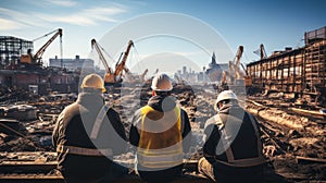 Rear view of a group of construction workers wearing hard hats on an outdoor construction site with construction cranes in the