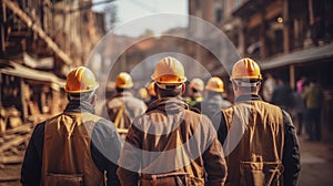 Rear view of a group of construction workers wearing hard hats on an outdoor construction site with construction cranes in the