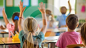 Elementary Students Raising Hands in Classroom
