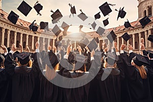 Rear view of a group of graduates throwing caps in the air, rear view of A group of graduates tips their graduation caps upwards,