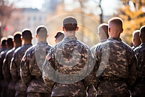Rear view of a group of soldiers on a military parade, US soldiers standing in a formation on a ceremony, rear view, top section