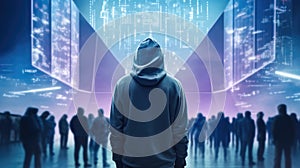 Rear view, Hacker stands amidst a hazy metaverse, information security terms cybersecurity concept, Symbolizing cyber intrusion