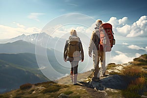 Rear view of Happy Senior couple hiking together on the mountain. mature Couple standing on peak of mountain summit, enjoying the