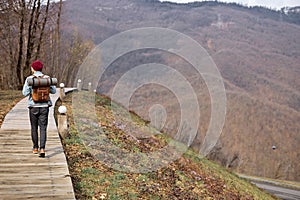 Rear View On Hipster Traveler Male In Casual Wear Walking Alone In Nature