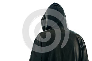 Rear view of hooded male person isolated onwhite background