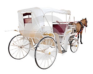 Rear view of horse fairy tale carriage cabin isolated white back