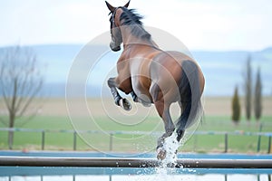 rear view of a horse soaring over a water jump