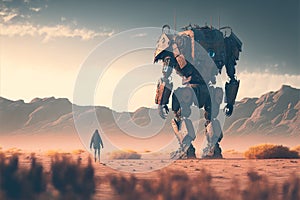 rear view of a human and a giant robot in the desert, distopic future, GENERATIVE AI