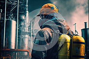 Rear view of industry worker in safety uniform at chemical plant