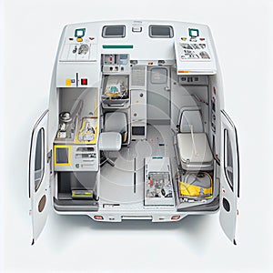 Rear view of the interior of an open ambulance isolated on a white background