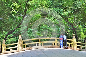 Rear view of Japanese couple standing on the bridge