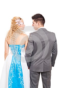 Back view of just married wedding couple