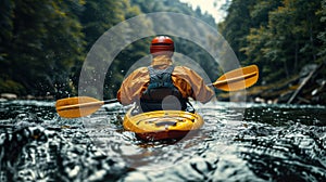 Rear view of a kayaker paddling through forest river rapids