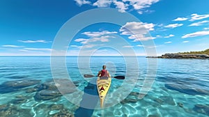 rear view of Lady paddling the kayak in the calm tropical bay clear blue sky. Generative Ai