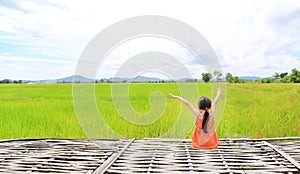Rear view of little Asian kid girl stretch arms and relaxed sitting on bamboo litter at the young green paddy fields with mountain