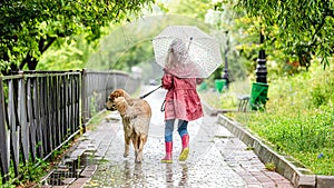 Little girl walking dog under rain