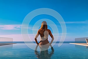 Rear view of a long hair woman in bikini in infinity pool, Generative Ai