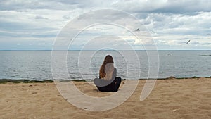 Rear view of long haired girl looking at seagulls. Concept. Back of young woman sitting on the sandy shore of lake, pond