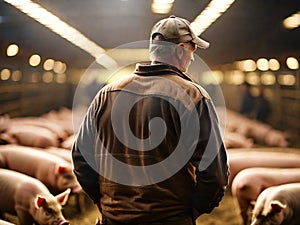 Rear view of male farmer wearing trucker\'s hat on pig farm, generative ai