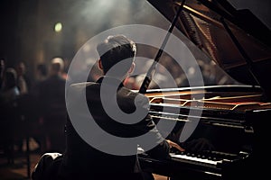 Rear view of a male pianist playing a grand piano at a concert, A pianist playing a grand piano with passion and expertise, AI