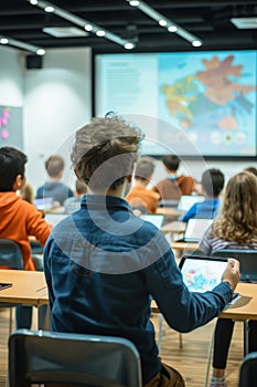 Rear view of a male student with curly hair using a digital tablet in a classroom setting with other students and a