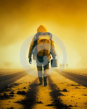 Rear view of a male wearing yellow jacket with a hood and big yellow backpack. Man walking by the dirt road carrying a can. Yellow
