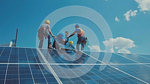 Posteriore maschio lavoratori installazione soleggiato fotovoltaico sistema sul tetto da 