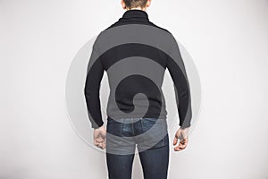 rear view of man in black sweater