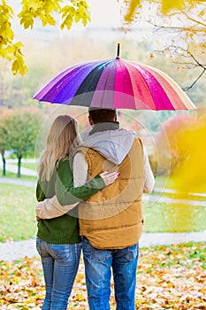 Rear view of man holding umbrella while enjoying the lovely view with his wife in park