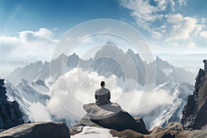 Rear view of man meditating on rocky mountaintop. Generative AI