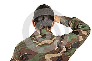 Rear view of man in military uniform saluting