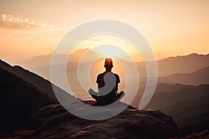 Rear view of man practicing meditation or yoga pose on the mountain at sunset time. Generative ai