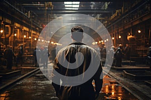 Rear view of a man in a raincoat standing in the middle of a warehouse, back view of male workers in factory, AI Generated