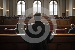 Rear view of a man sitting at the table in a courtroom, A court attorney lawyer full rear view inside court, AI Generated
