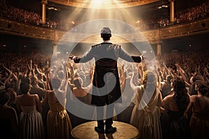 Rear view of a man standing in front of a crowd in a theater, Beautiful girl on the background of the concert hall, An opera