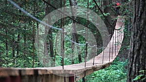 Rear view of a man standing on a hanging wooden bridge in the green summer forest. Stock footage. Man hiker walking in