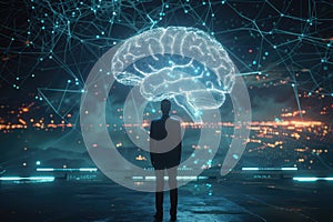 Rear view of a man stands in the data center and looking at a holographic digital brain above his head that suggest artificial