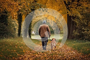 Rear view of a man walking his dog in a beautiful park in autumn