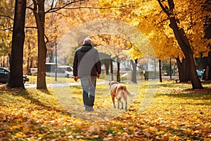 Rear view of a man walking his dog in a beautiful park in autumn